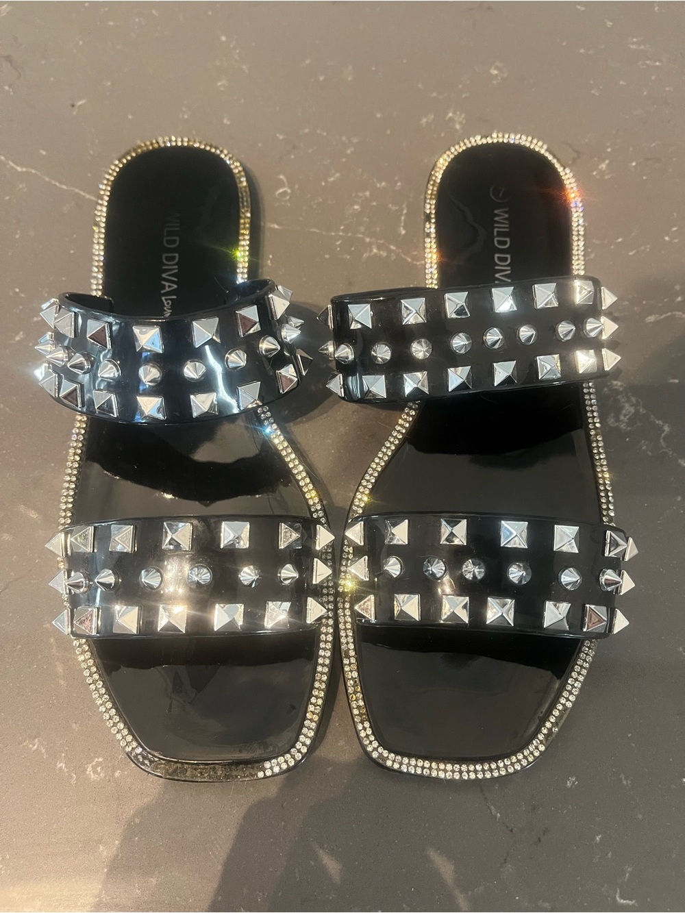 Wild Diva Black Studded Rhinestone Slide Sandals Size 7 Gently Used